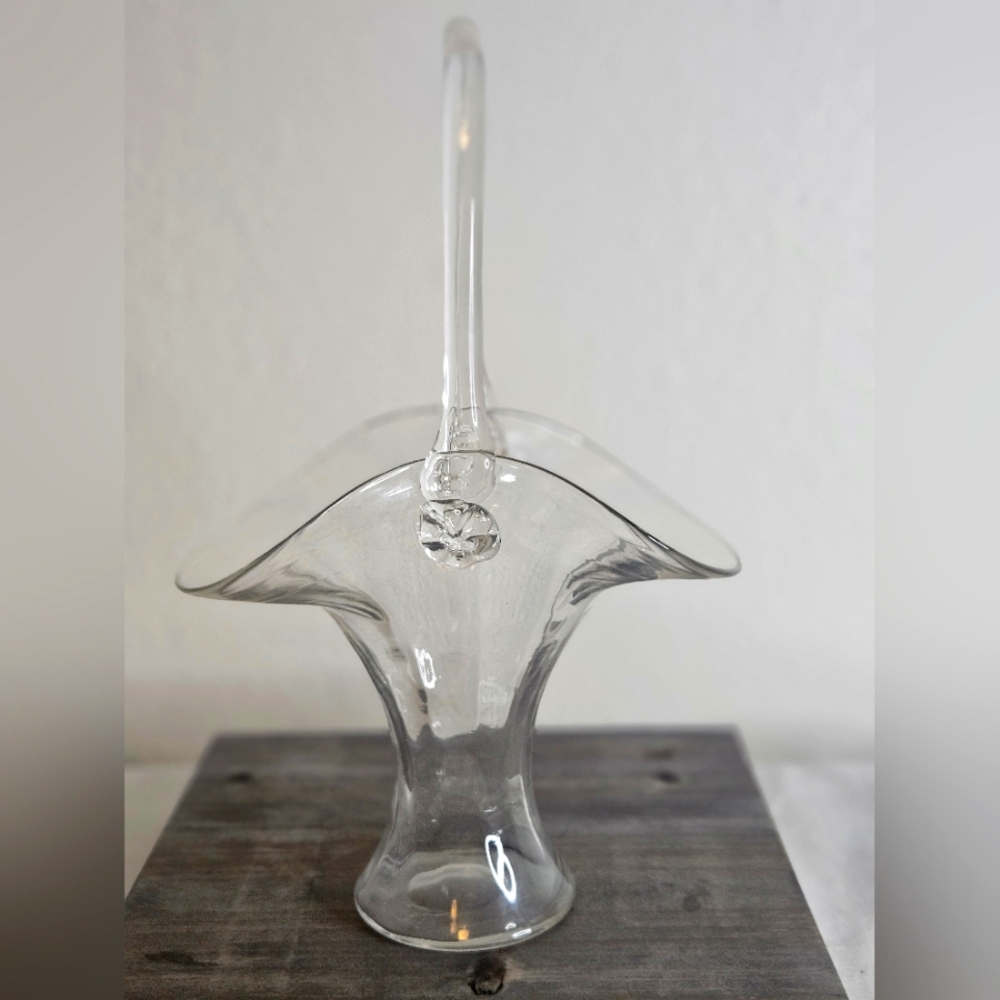Vintage Glass Basket Vase. 12in High 7 in Across.